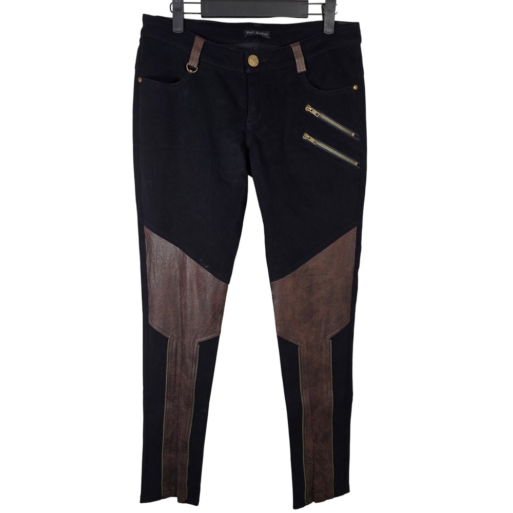 Devil Fashion Black Brown Faux Leather Accent Moto Zipper‎ Skinny M Low Rise